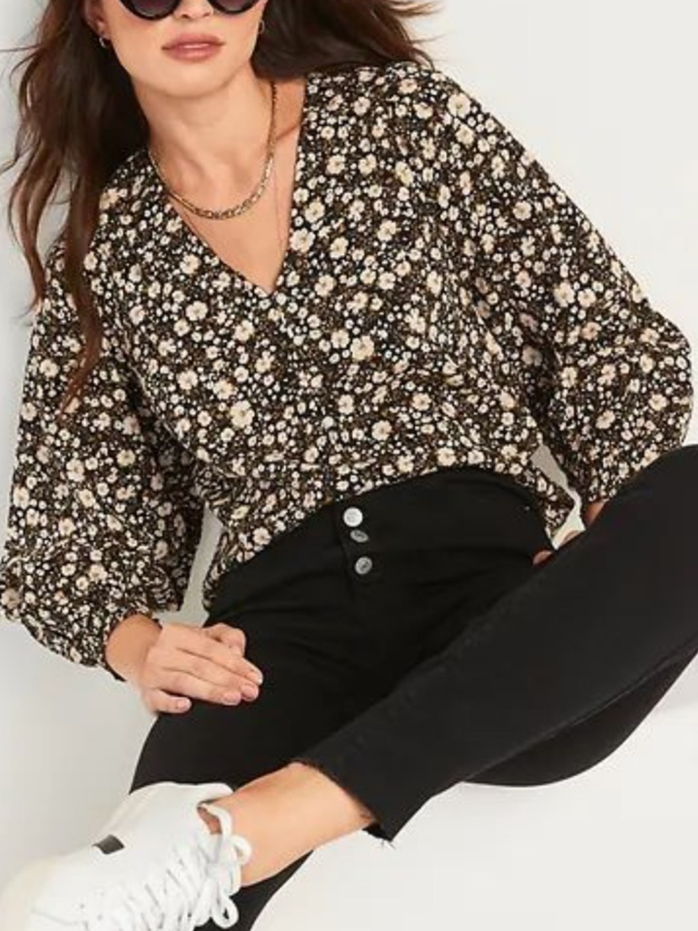 Old Navy Floral Poet Blouse BLack Cream Balloon Sleeve Relaxed Fit Boho Size XL
